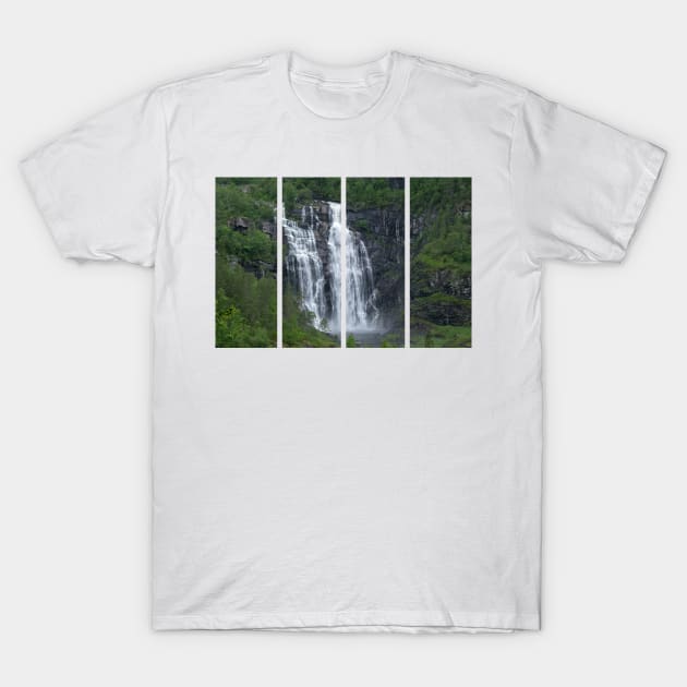 Wonderful landscapes in Norway. Hordaland. Beautiful scenery of Skjervsfossen waterfall from the Storelvi river on the Hardanger scenic route. Mountains, trees in background. Rainy day T-Shirt by fabbroni-art